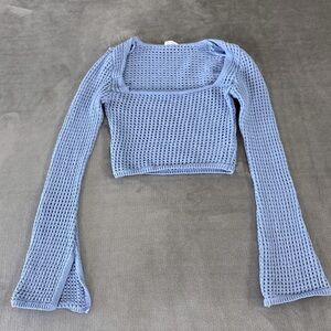 Garage Blue Crochet Openwork Mesh Cropped Top w/ Flared Sleeve Mermaidcore Beach